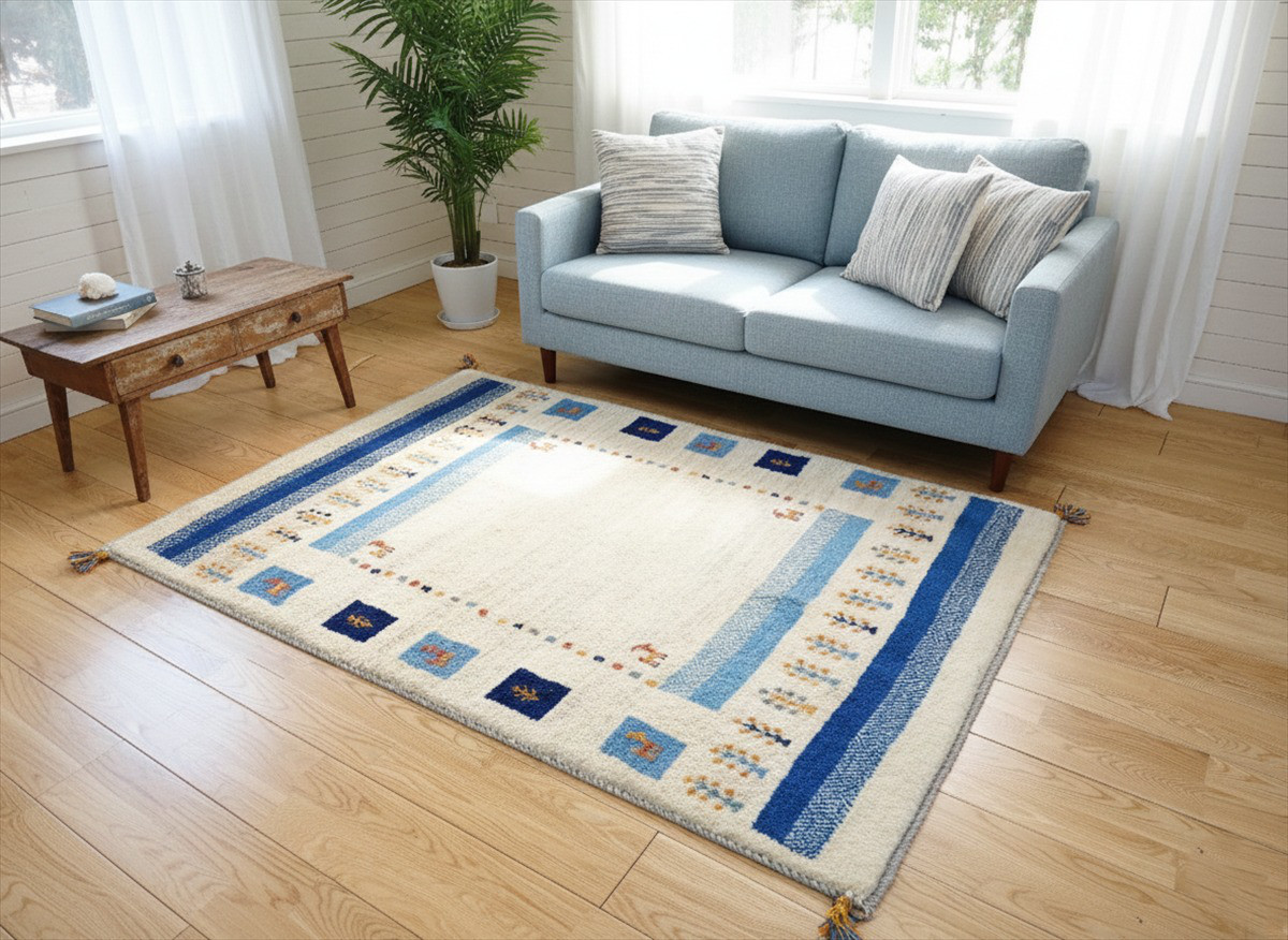 ペルシャ　ギャッベ　ソファー前　ハーフラグ　145x100㎝　ベージュ　青色　水色　RJ4176