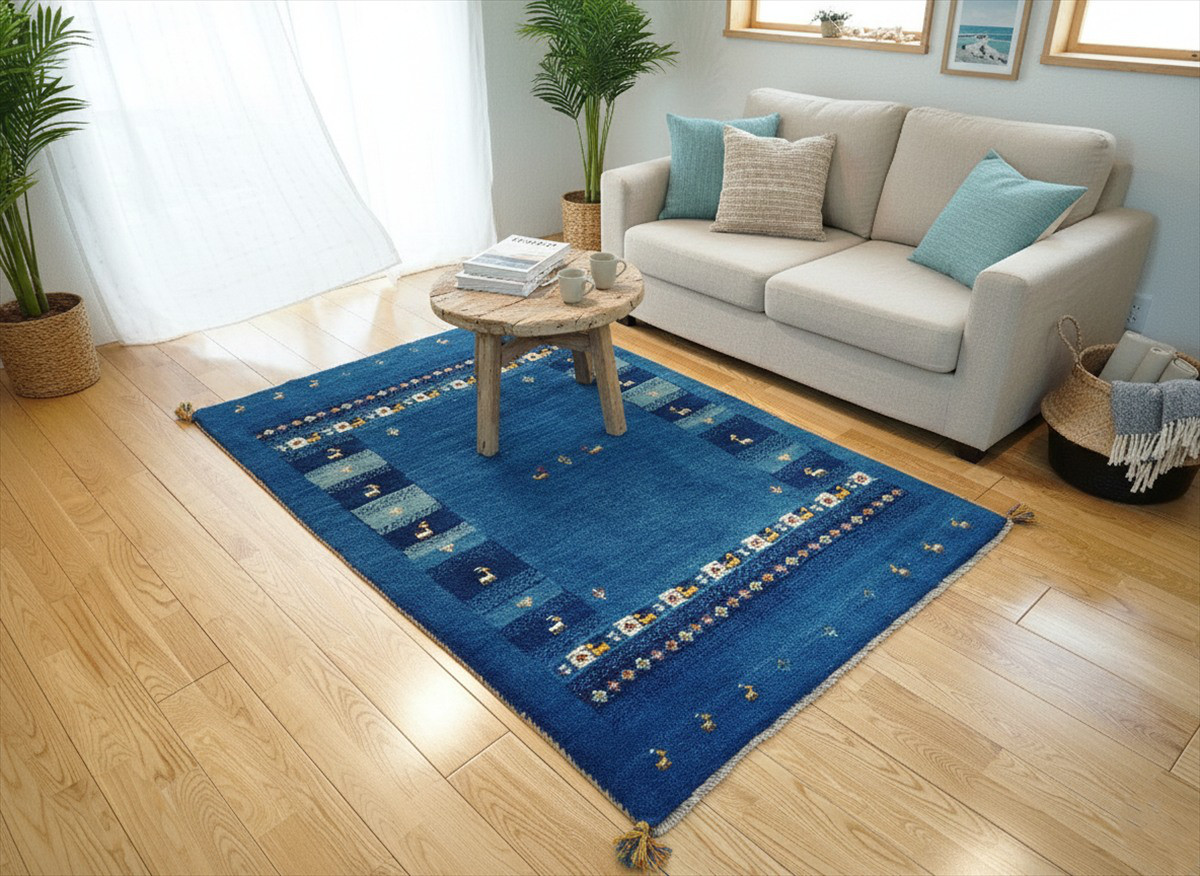 ペルシャ　ギャッベ　ソファー前　ハーフラグ　158x100㎝　青色　藍色　パネル　生命の木　ヤギ　羊　RJ4180 54,000円