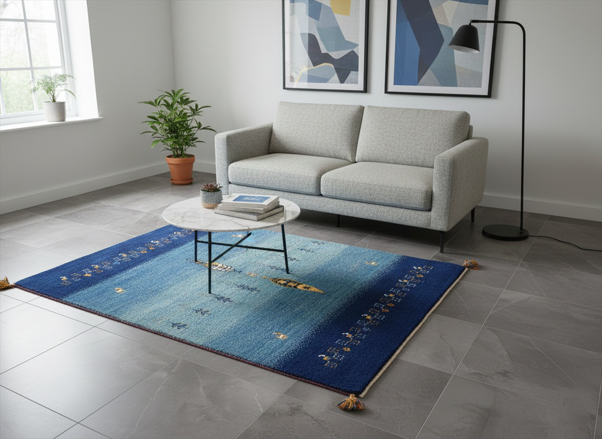 ペルシャ　ギャッベ　ソファー前　ハーフラグ　147x102㎝　青色　藍色　糸杉　RJ4676