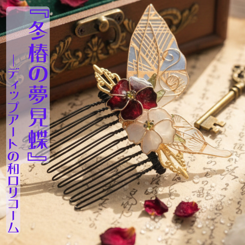 冬椿の夢見蝶 ―― つまみ細工とディップアートの和装髪飾り｜成人式