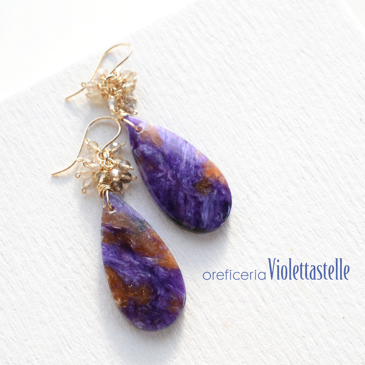 14kgf チャロアイトのピアスwithスモーキークォーツ