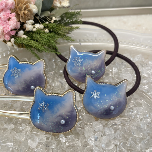 冬の夜明け＊ねこモチーフのヘアアクセサリー】猫と雪のヘアゴムと