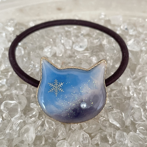 冬の夜明け＊ねこモチーフのヘアアクセサリー】猫と雪のヘアゴムと