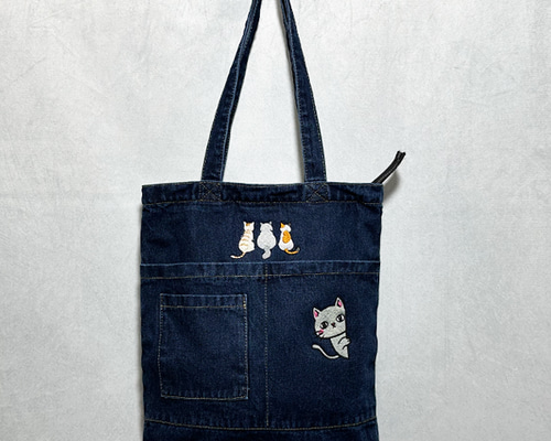 ◆デニム×ネイティヴ柄◆サイドポケット付き トートバッグ 他2点 3匹背中猫の刺繍 内ポケット付き ZIP式 デニムトートバッグ A4