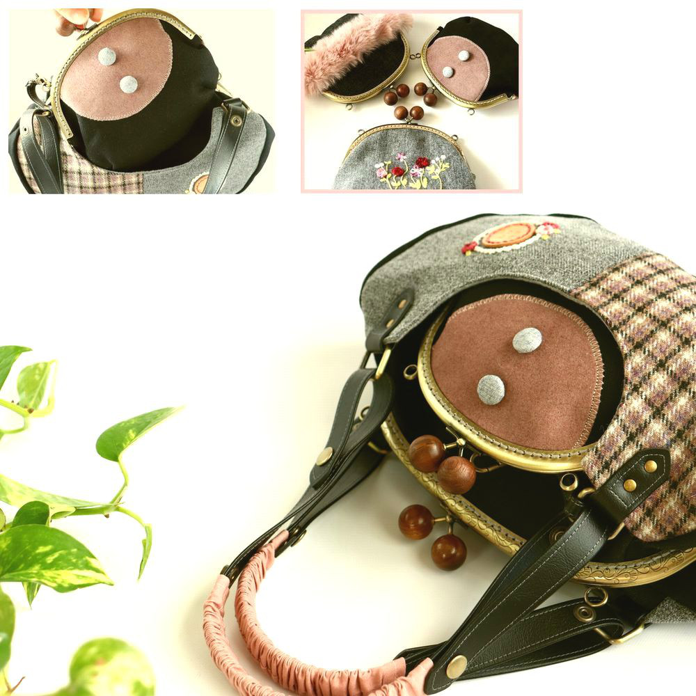 受注製作”4WAYカンガルーbag”がま口ボストン選べるポーチ【ウール&帆布】　M　24.5ｃｍくし口金