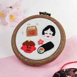 お正月しめ縄飾りミニ刺繍フレーム 刺繍ファブリックパネル 赤い椿