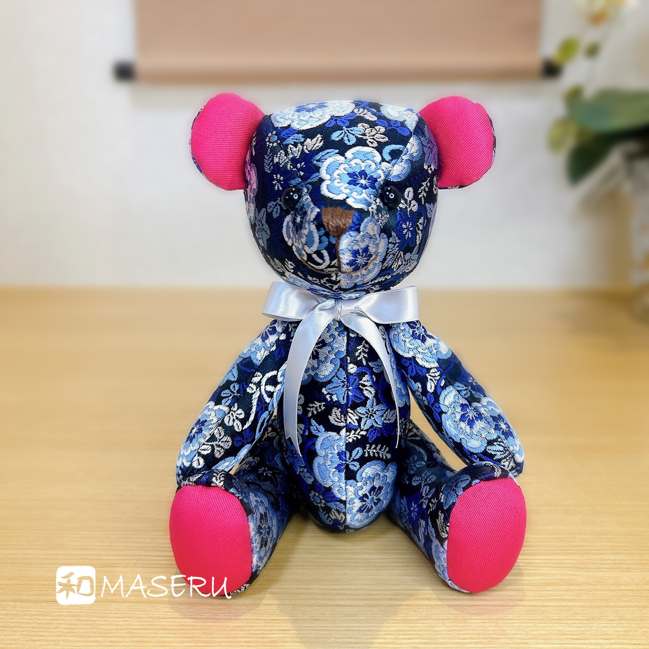 金襴テディベア　＊ピンクが似合うネイビーベア＊　日本伝統生地の豪華絢爛  和風ベア ⭐︎無料ギフトラッピング⭐︎