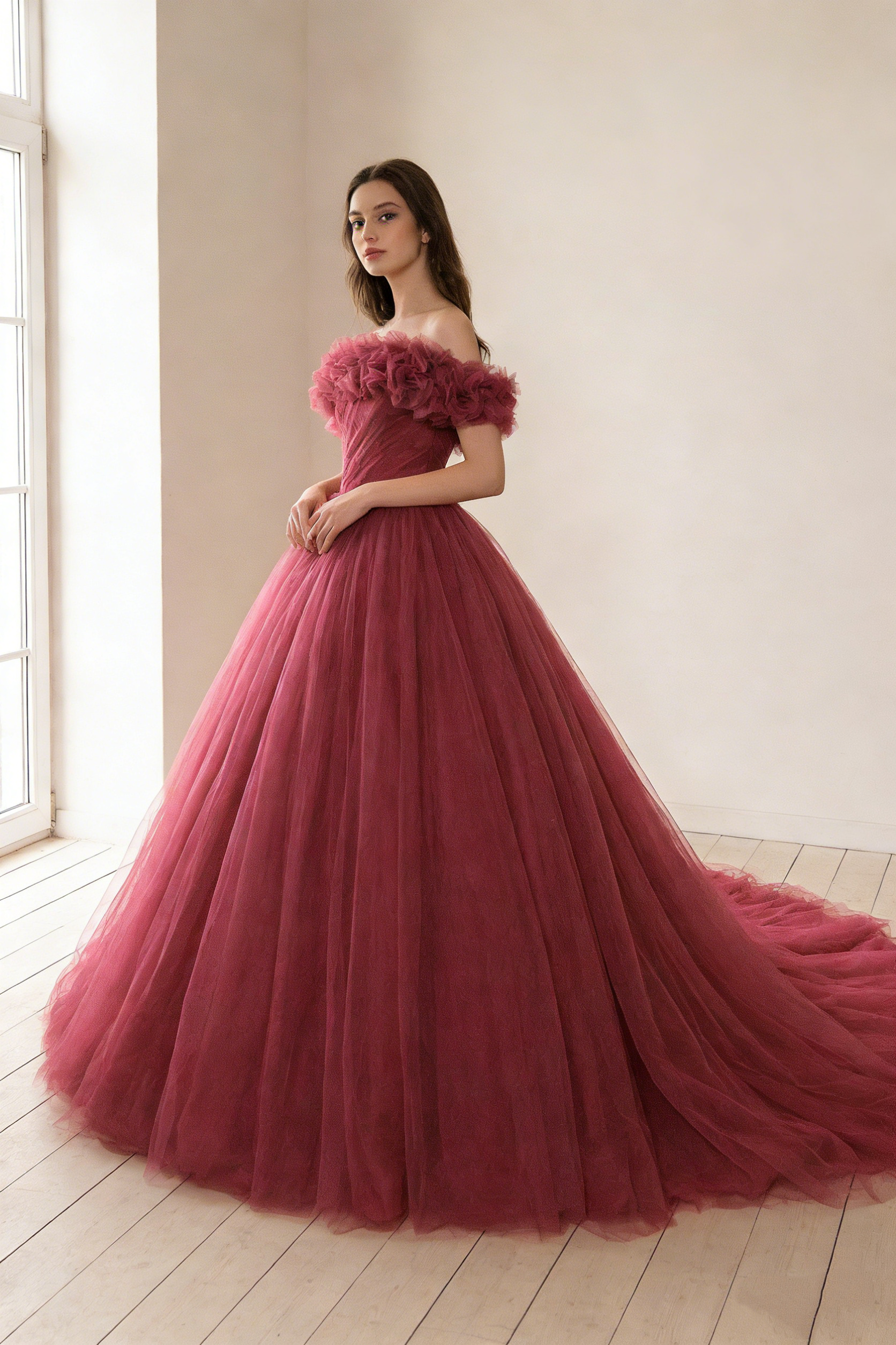 送料無料！カラードレス ビビッドピンク ソフトチュール フレアスカート 取り外し可能なオフショルダー プリンセスライン