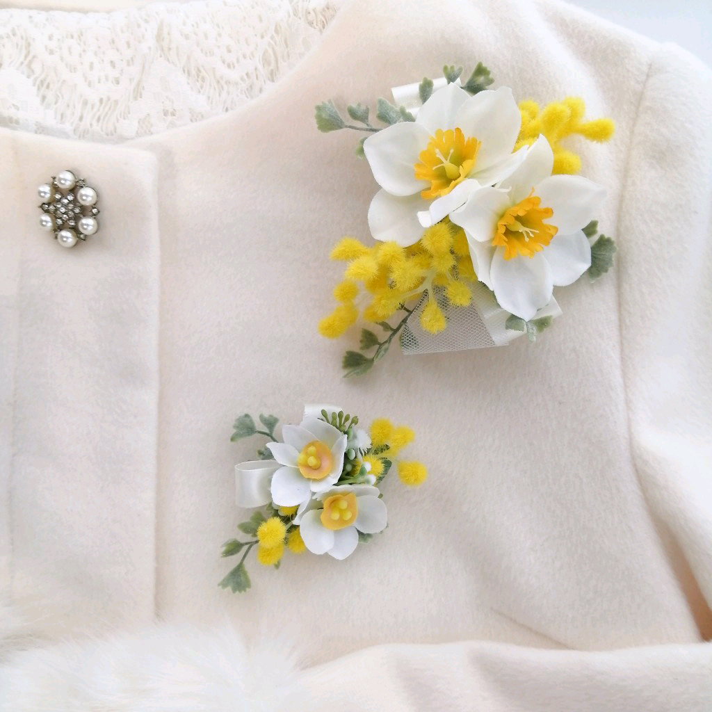 【親子コサージュ】水仙2輪とミモザたっぷりコサージュ　入園式　卒園式　入学式　卒業式　フォーマル　結婚式