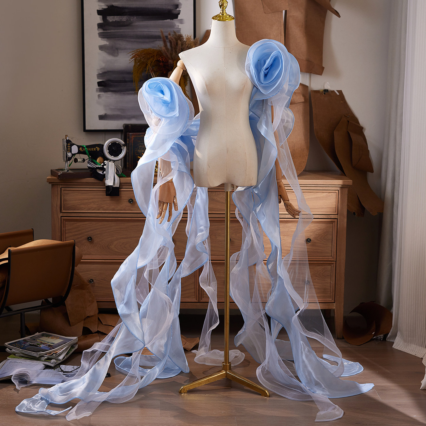 ケープ ロングトレーン 青 チュール 花 裾引き DIY 肩飾り アクセサリー 花嫁 ウェディングドレス DTY540