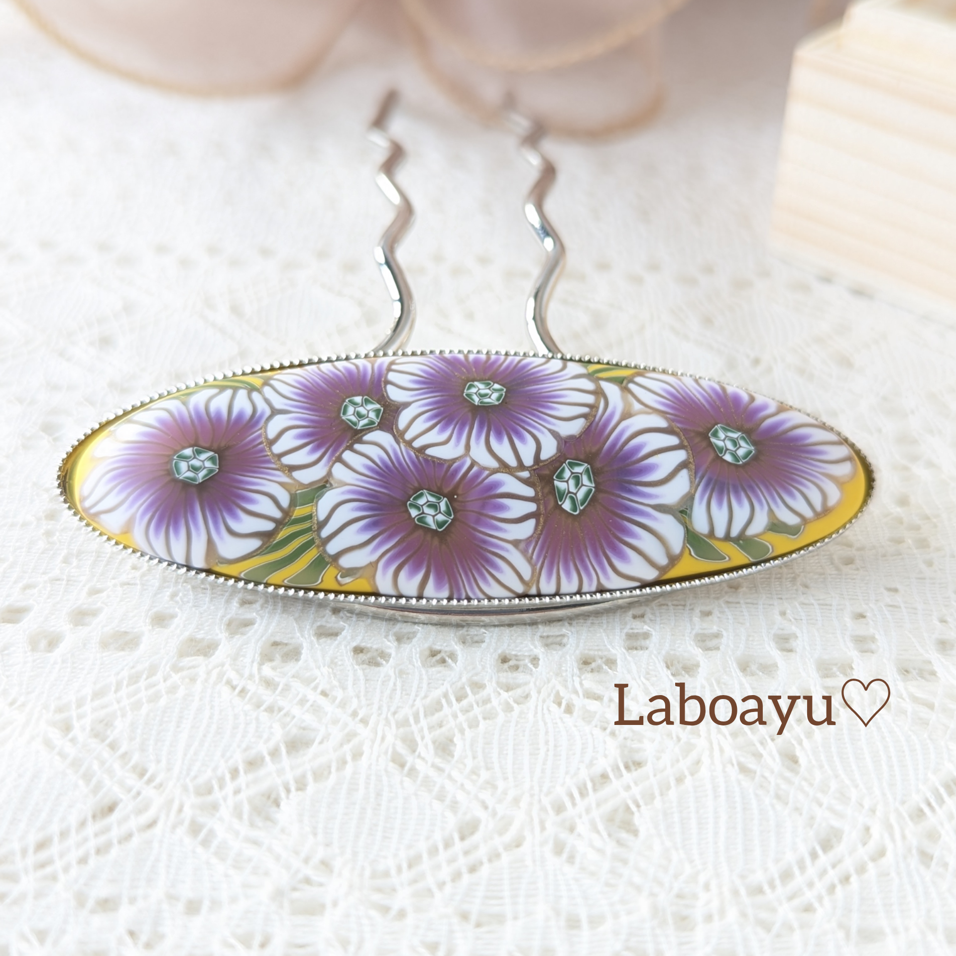 三日月型かんざし〈Harvest・金鳳花・ミルキーWhite〉&山吹