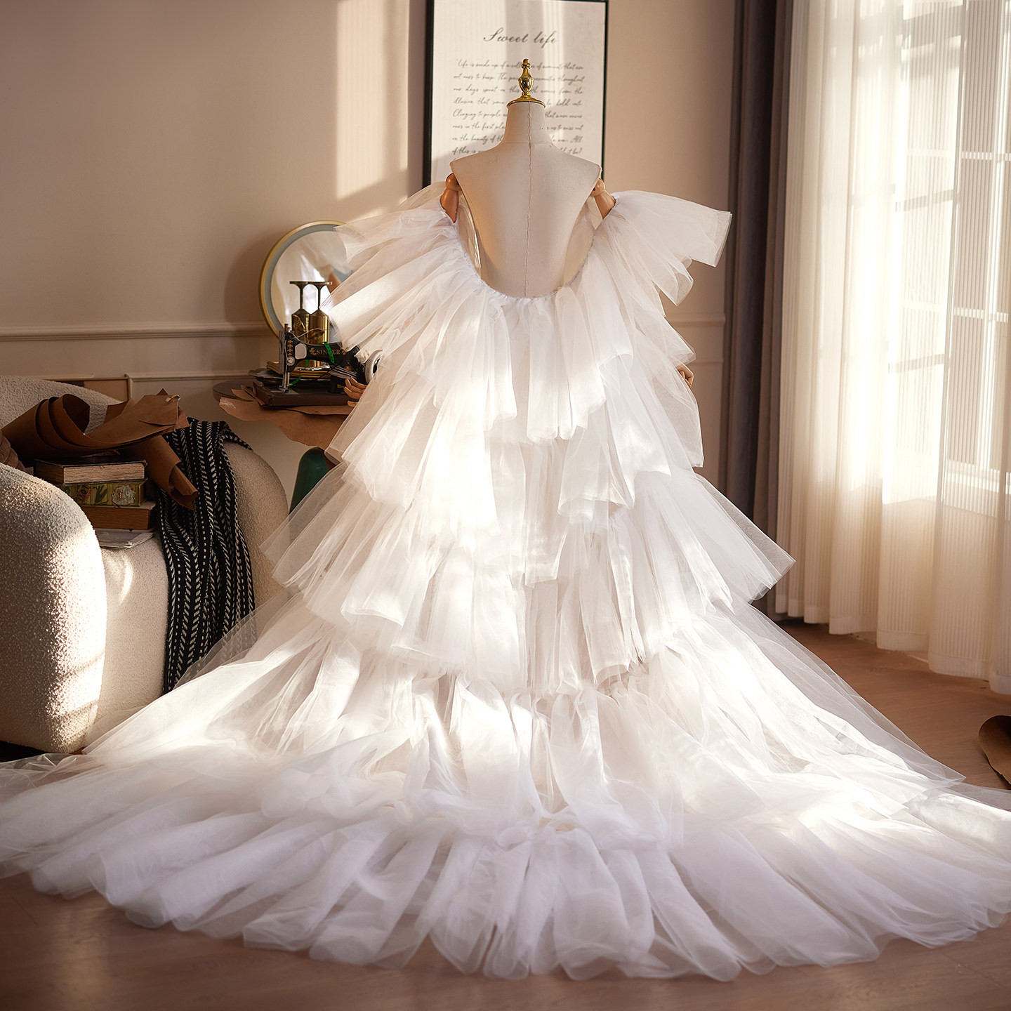 ストール トレーン 裾引き 白 チュール DIY肩飾り アクセサリー パーティー ウェディングドレス DTY542