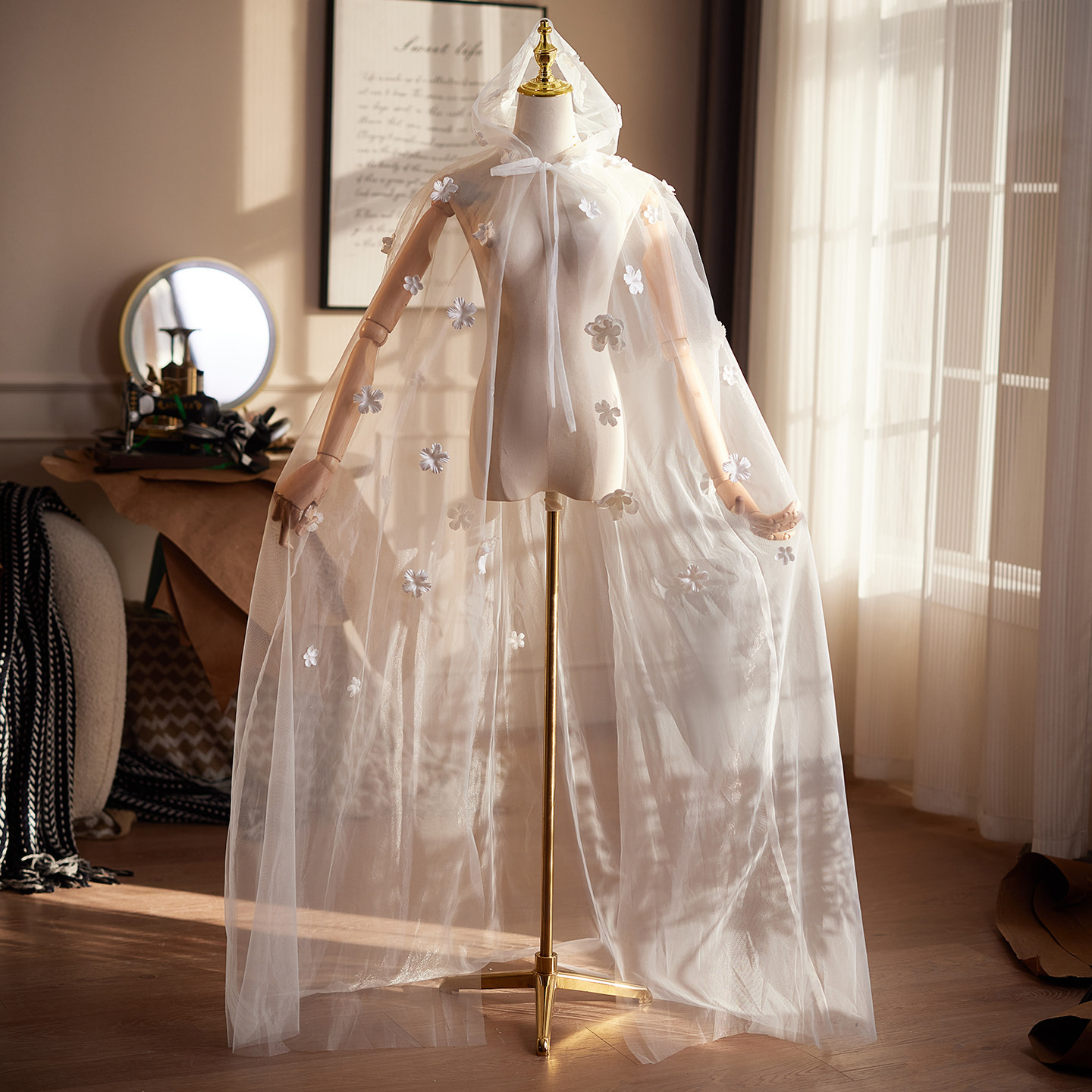 ケープ 帽子付き 白 チュール 花 DIY 肩飾り アクセサリー 花嫁 パーティー ウェディングドレス DTY543