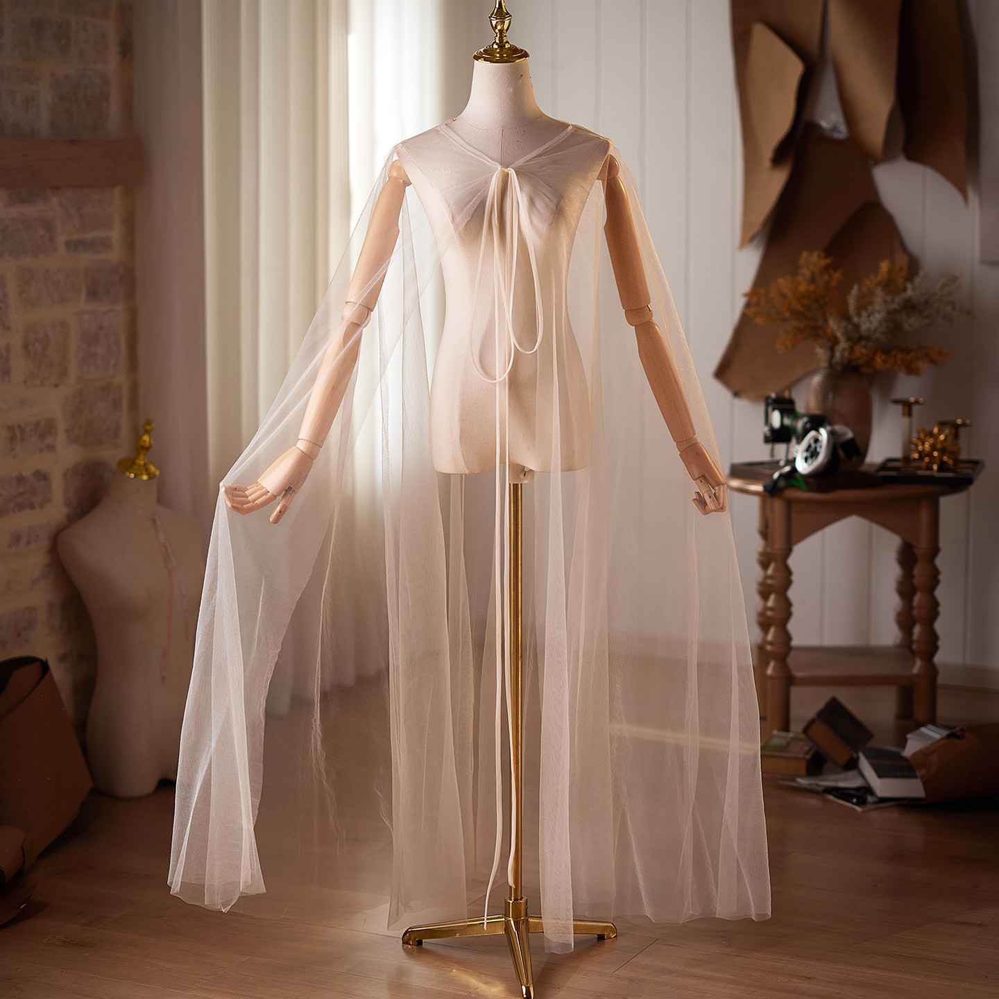 ケープ チュール シャンパン色 DIY 肩飾り アクセサリー パーティー 花嫁 ウェディングドレス DTY548