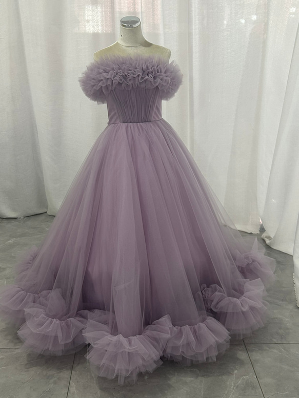 薄紫 フリル付き フレアドレス 7dc3afe02141a4cb4c628ffd2c12c6