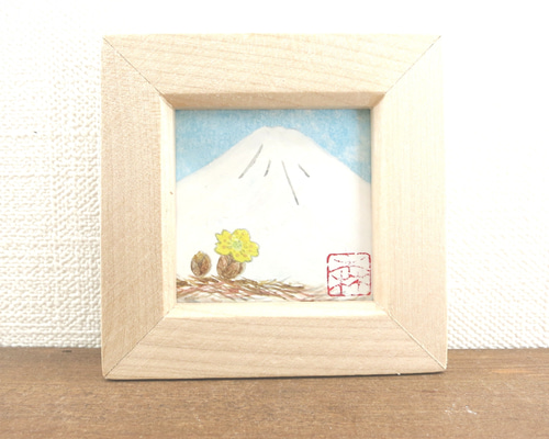 日本画原画】白富士と福寿草（水色の空）小さな日本画原画 5.5cm角