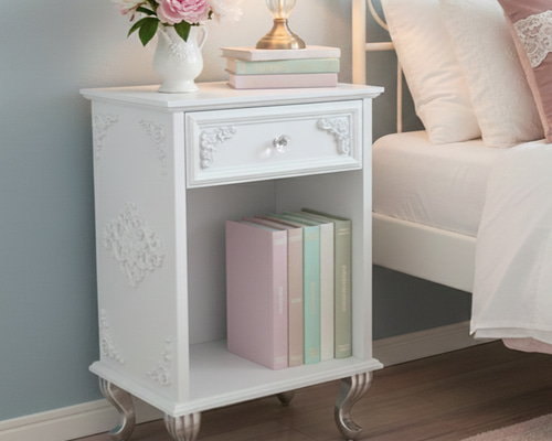 ロココ調 猫脚が可愛い 白のナイトテーブル｜サイドテーブル サイド