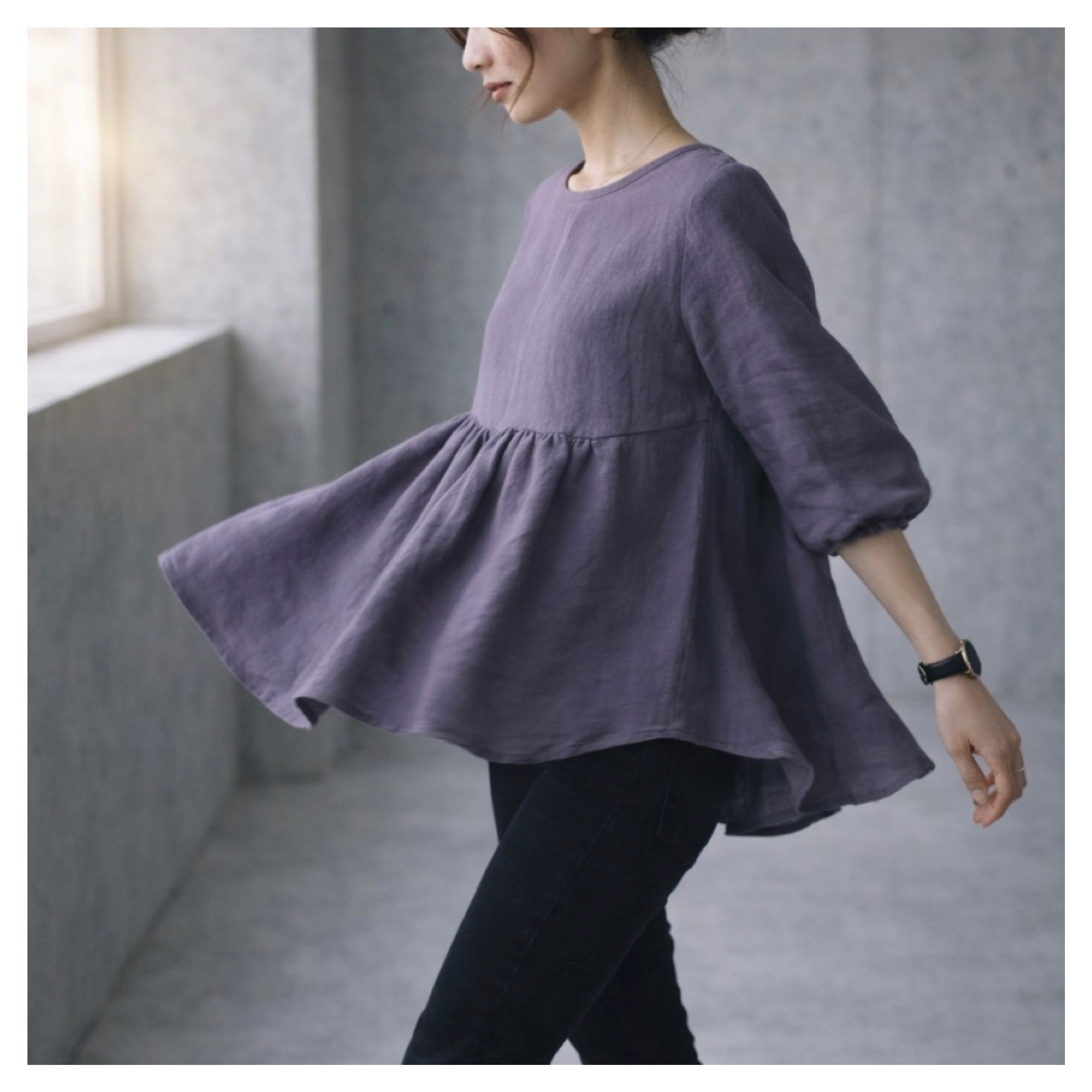 こだわりリネンギャザーブラウス／くったり柔らか上質なベルギーリネンブラウス／ギャザーリボンチュニック／シャビーパープル