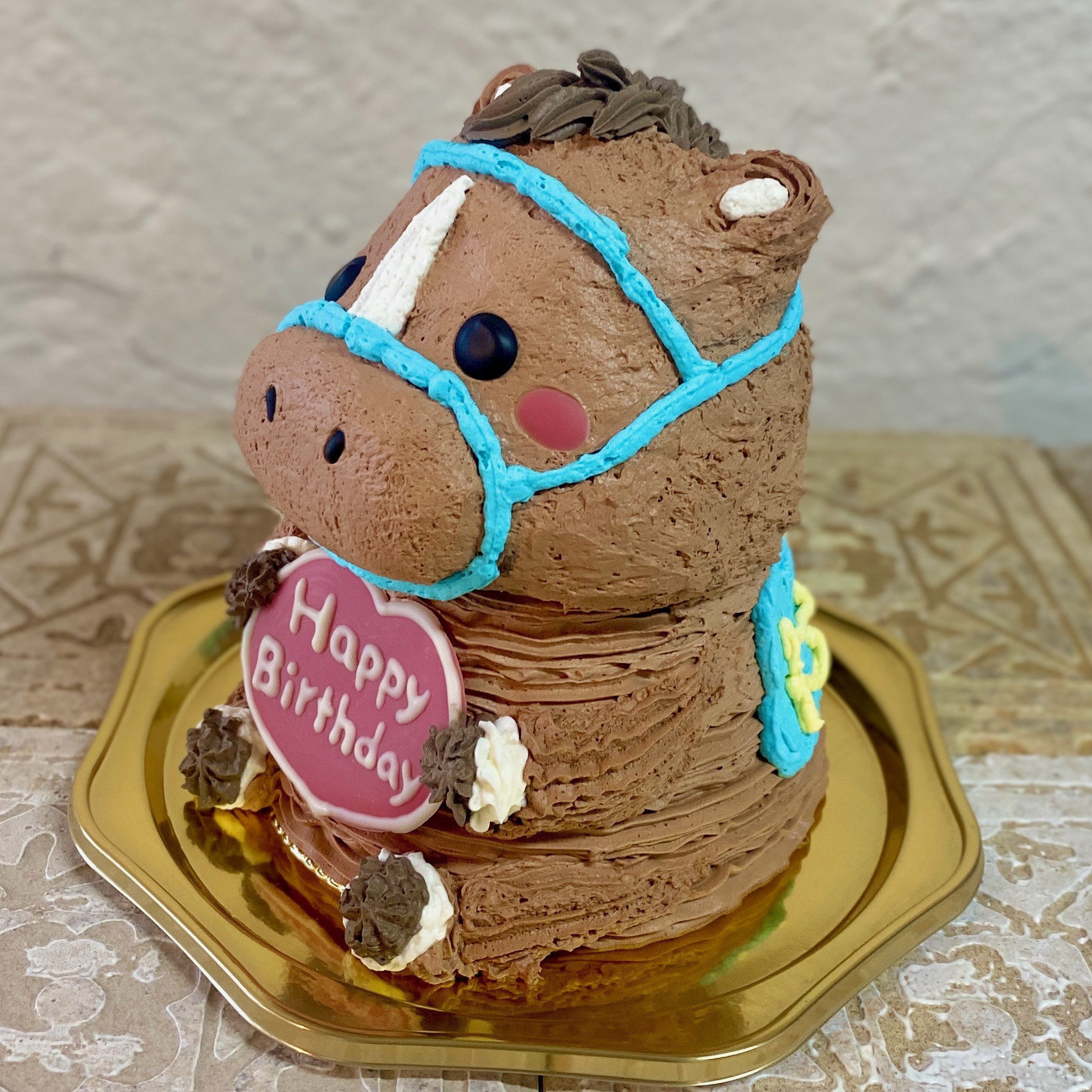 馬の立体ケーキ(水色の頭絡・ゼッケン)　誕生日　[ご希望のお受取り日・時間帯をご指定下さい]バレンタイン202
