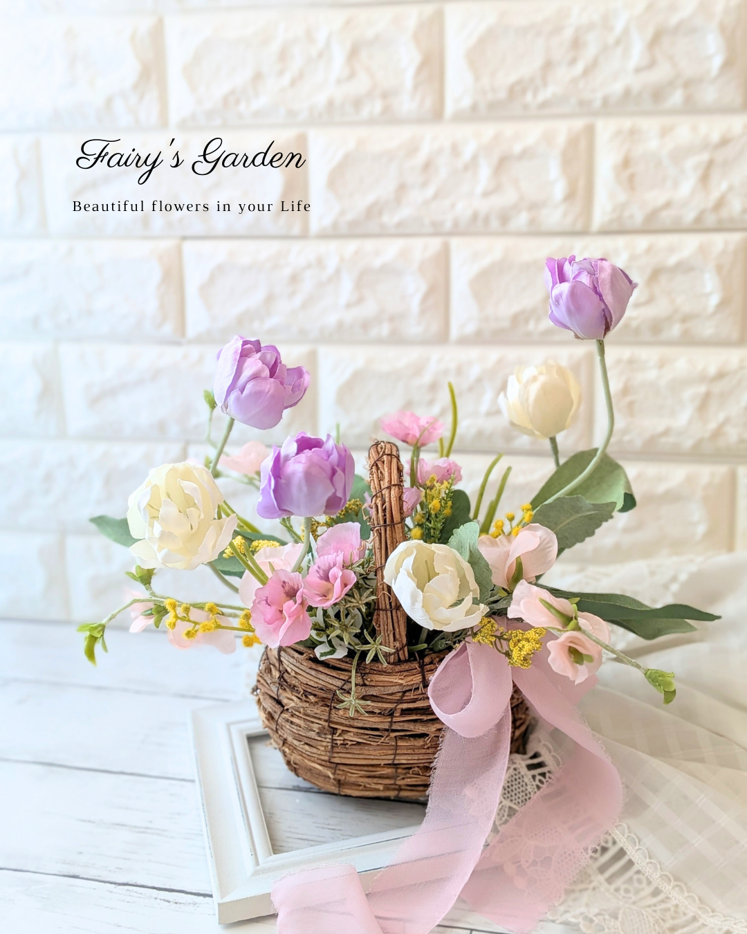 チューリップとスイートピーのバスケットアレンジ　造花