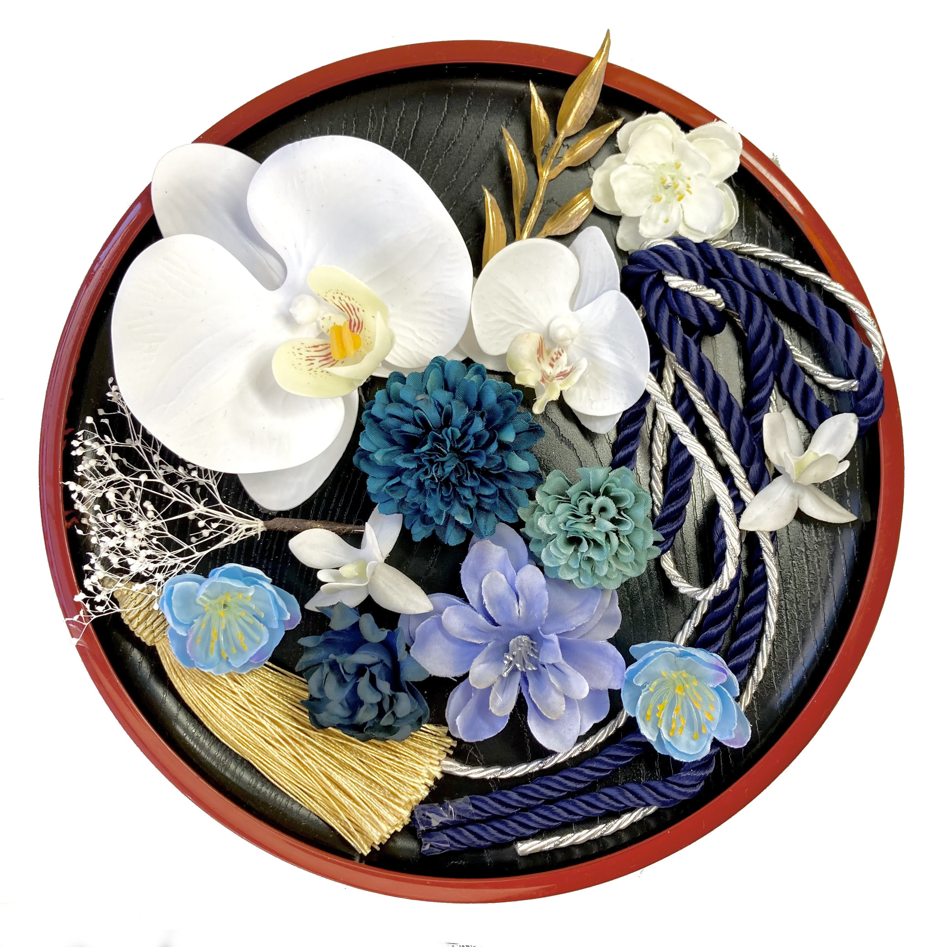 胡蝶蘭 と ブルー お花 髪飾り  A　 着物 結婚式 成人式 卒業式　青　梅　水色