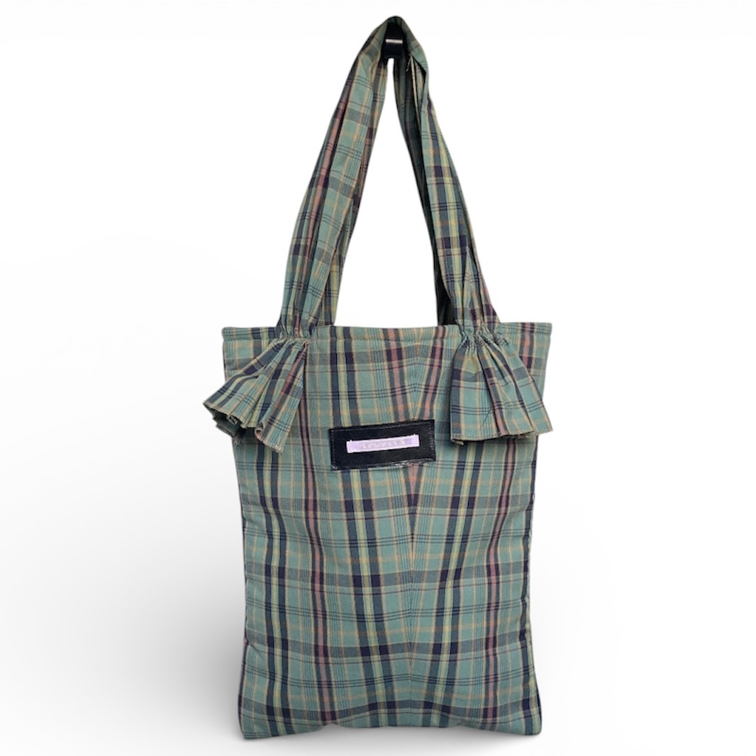 古着リメイク 中綿入りギャザートート｜グリーンチェック【1点物】