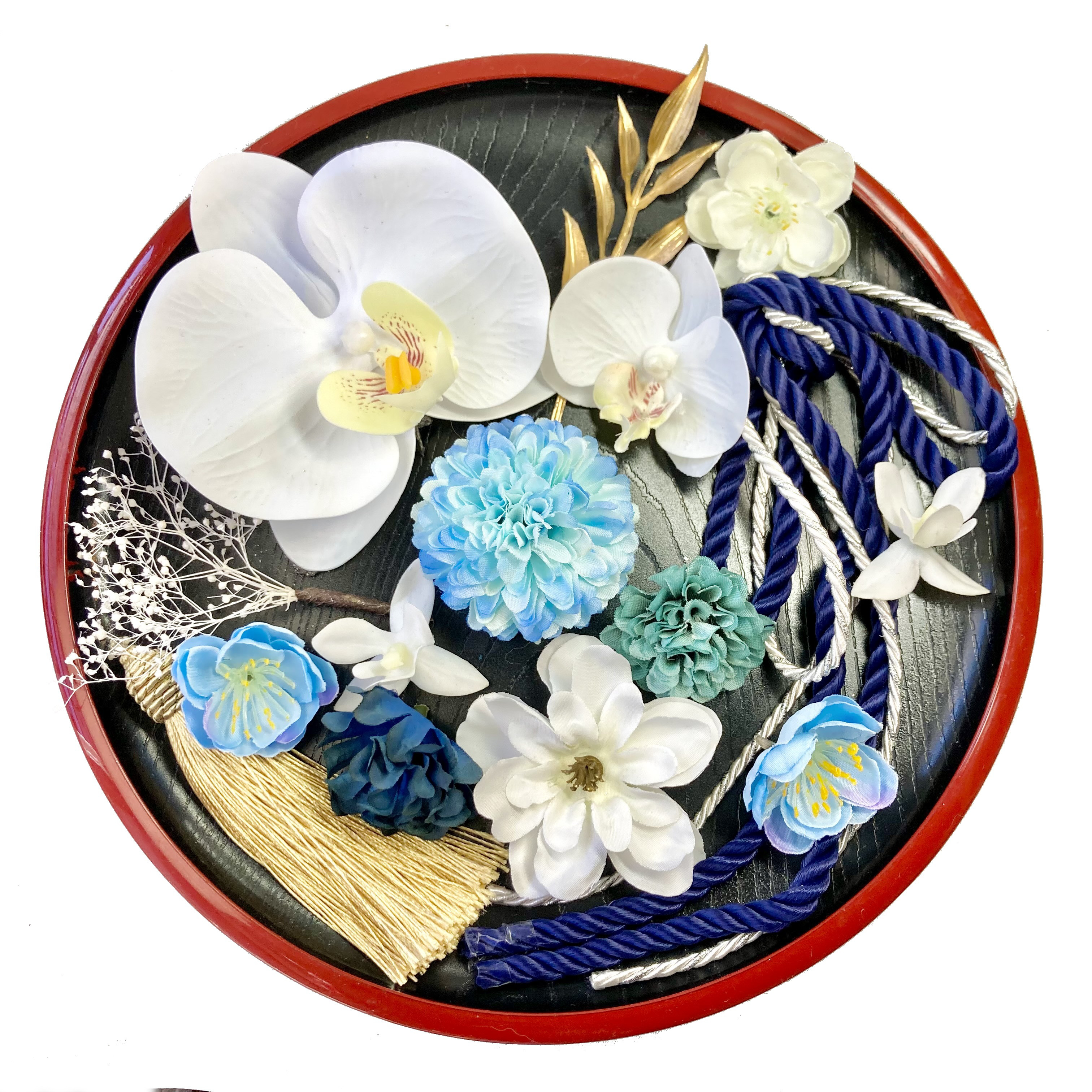 胡蝶蘭 と ブルー お花 髪飾り  Ｂ　 着物 結婚式 成人式 卒業式　青　梅　水色