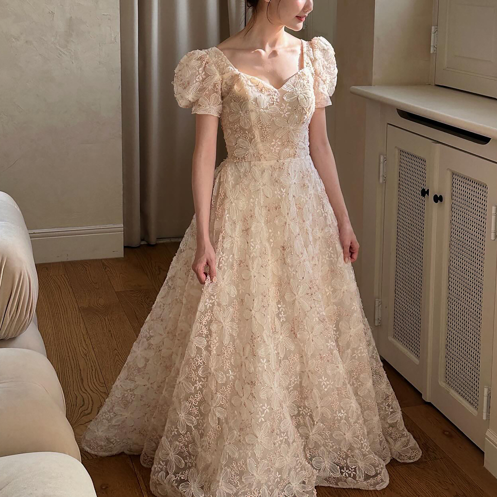 高級感 ピンク パフスリーブ 花 パーティードレス シンプル 韓国風 花嫁 披露宴 誕生日 成人式 前撮り HL1128