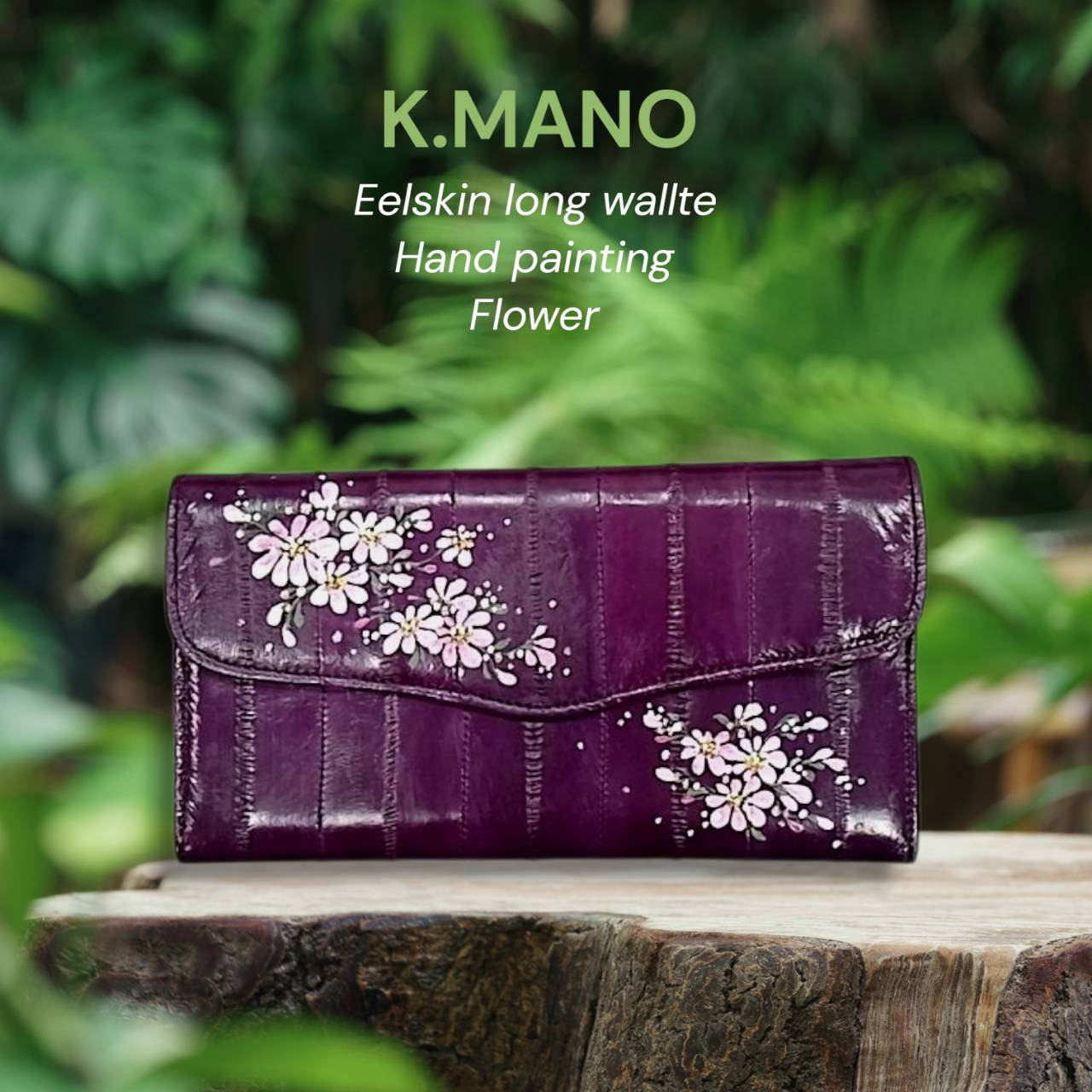 k.manoうなぎの本革 高級イールスキン ベルト付き長財布/ロングウォレット うなぎの革 お財布 男女兼用 手描き花