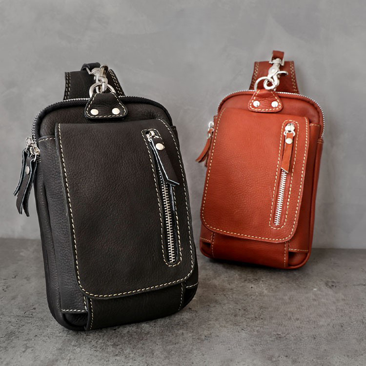 レザーバッグ メンズ ベルトポーチ 本革 ダブルファスナーポケット ウエストバッグ 長財布入れ ウエストポーチ