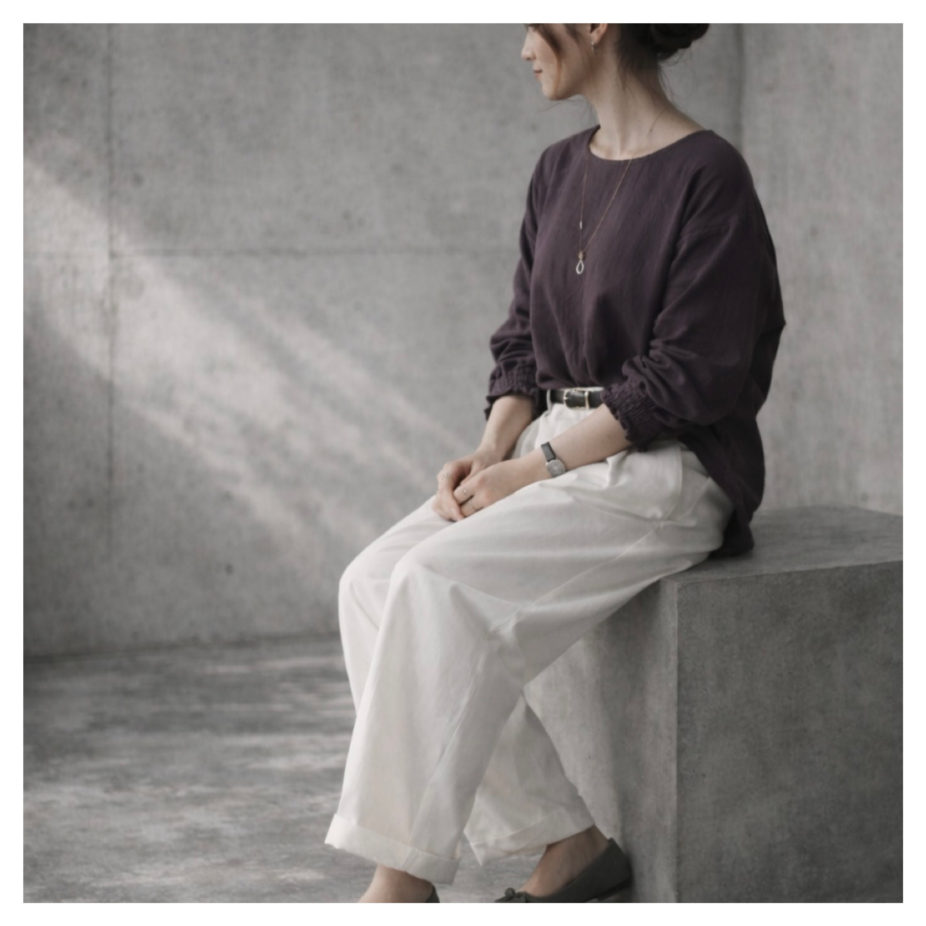 ふわふわ厚みが2倍！厚手ダブルガーゼブラウス／シャーリング袖のシンプルなブラウス／ふっくらダブルガーゼ／ダスティパープル