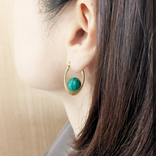 14kgfピアス[Beautiful stripes/Gold] Malachite マラカイト 天然石