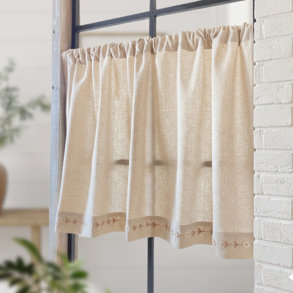 カフェカーテン ナチュラルベージュ コットンリネン 花柄刺繍 目隠し 小窓 カーテン オーダーカフェカーテン