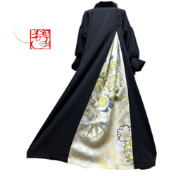 振袖　着物リメイク　ドレス　濃紺×手毬や菊桜梅　和柄　ワンピース　ハンドメイド 振袖 着物リメイク ドレス 黒×手毬や菊や桜 和柄 ワンピース