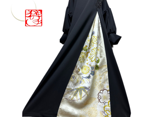 振袖　着物リメイク　ドレス　濃紺×大輪桜　和柄　ワンピース　ハンドメイド 振袖 着物リメイク ドレス 濃紺×大輪桜 和柄 ワンピース ハンドメイド