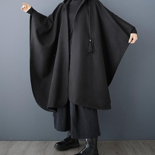 新品 大きいサイズ ゆったり ケープコート ポンチョ フード 黒 秋冬 g