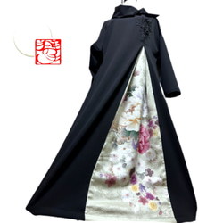 振袖 着物リメイク ドレス 和柄 ワンピース 黒×手毬や菊や桜 ぽわん袖