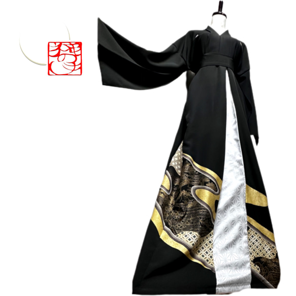 超ロング 留袖 着物リメイク ドレス アクセント切替 和柄 ワンピース