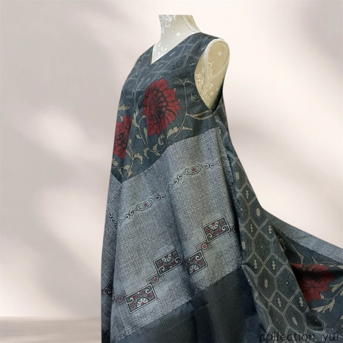 大島紬リメイクワンピース/4種の紋様合わせ2wayテントラインワンピース