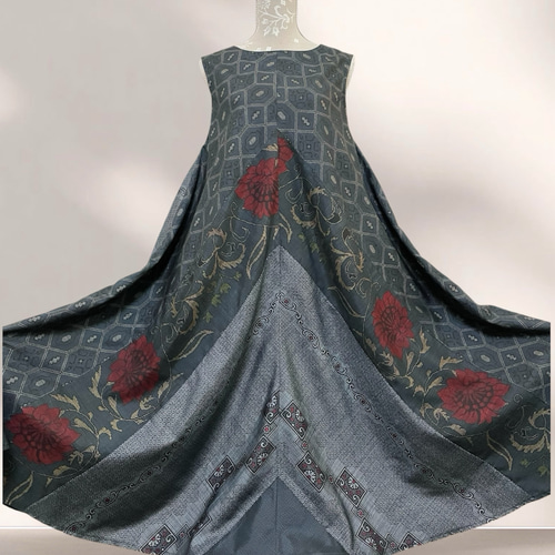 大島紬リメイクワンピース/4種の紋様合わせ2wayテントラインワンピース