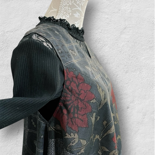 大島紬リメイクワンピース/4種の紋様合わせ2wayテントラインワンピース