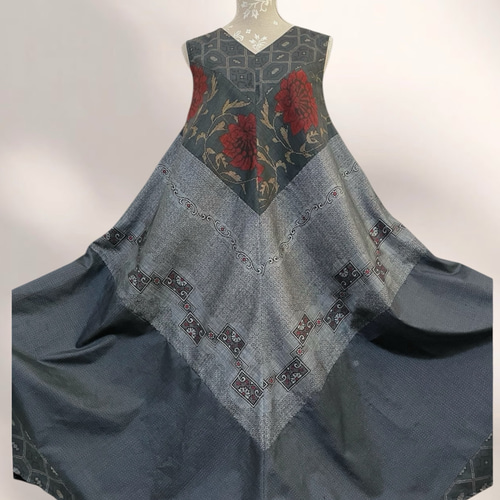 大島紬リメイクワンピース/4種の紋様合わせ2wayテントラインワンピース