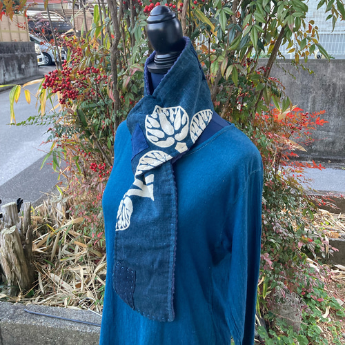 春秋物♪筒描き古布のスプリングコート　藍染　古布リメイク　スザニ　襤褸　ボロ A93 襤褸 マフラー スヌード ストール 古布 リメイク 藍染 藍染め 筒