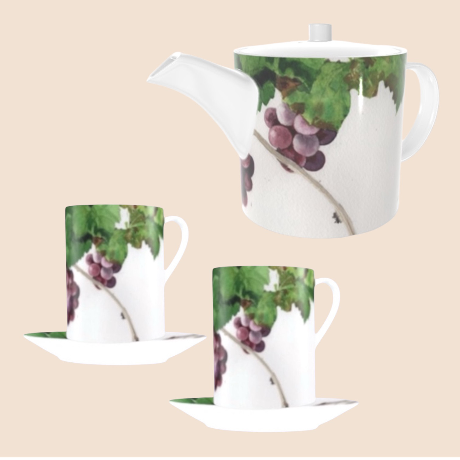 名入れ ボーン チャイナ ティーポットとティーカップ　スチューベンティーポット