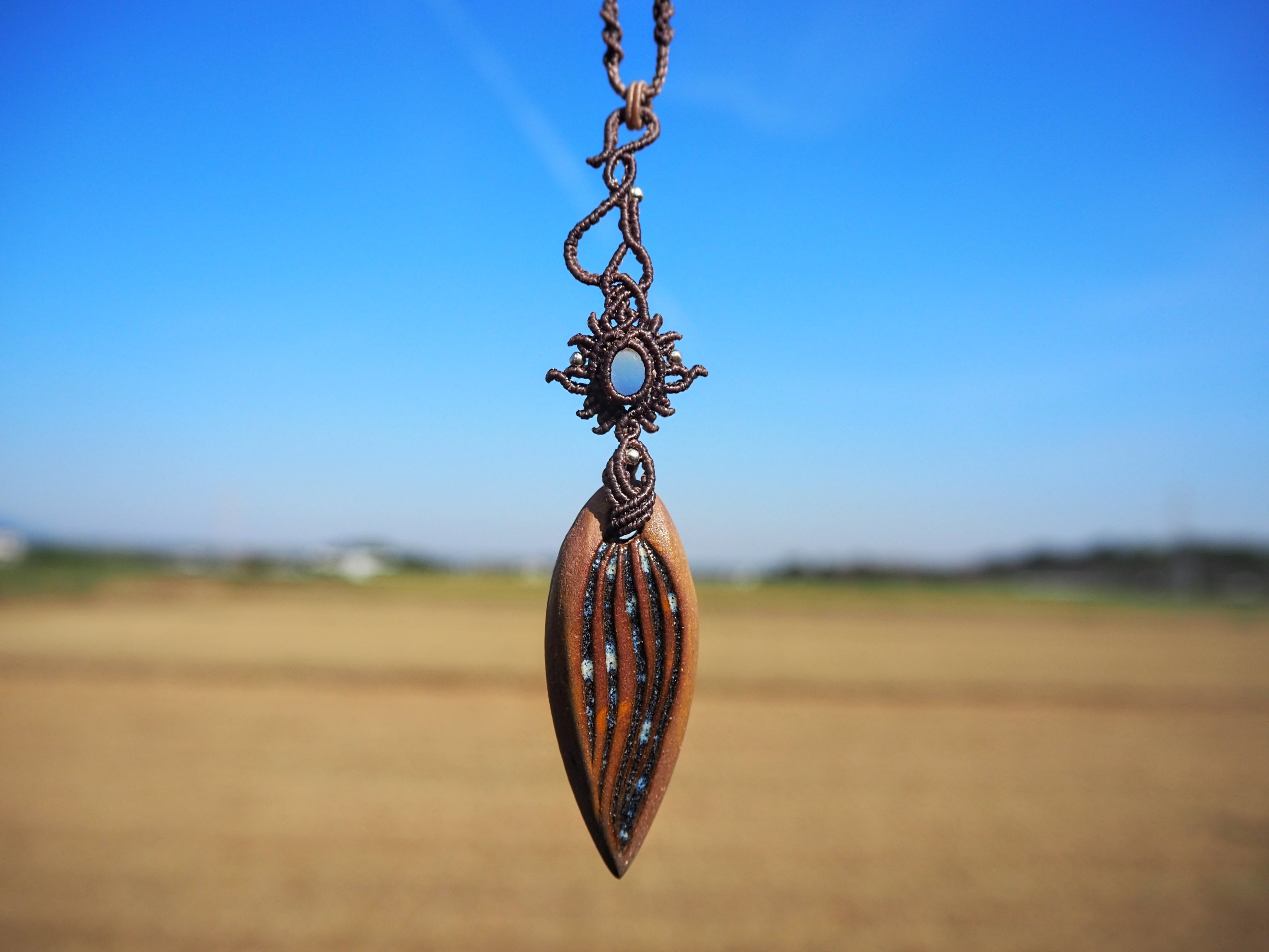 天然石 マクラメ編み ネックレス  スモーキークォーツ   縄文陶パーツ