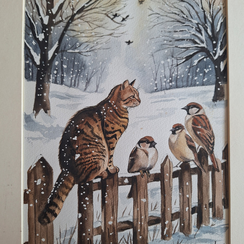 水彩画 仲良しのネコとスズメ 絵画 makochin 通販 20306919｜Creema