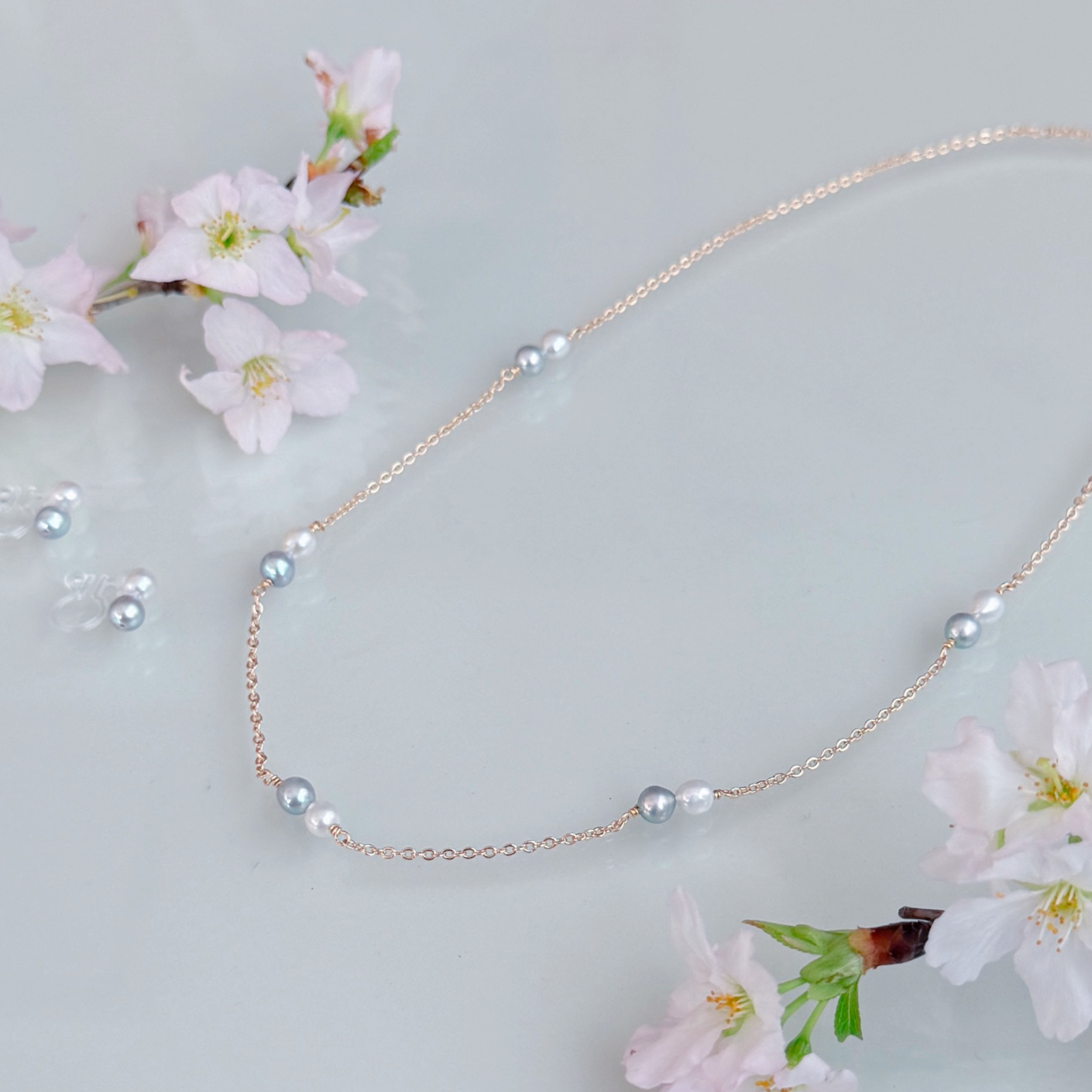 【色が選べる】淡水パール ステーション ネックレス ブルー グレー 14kgf 金属アレルギー フォーマル ギフト