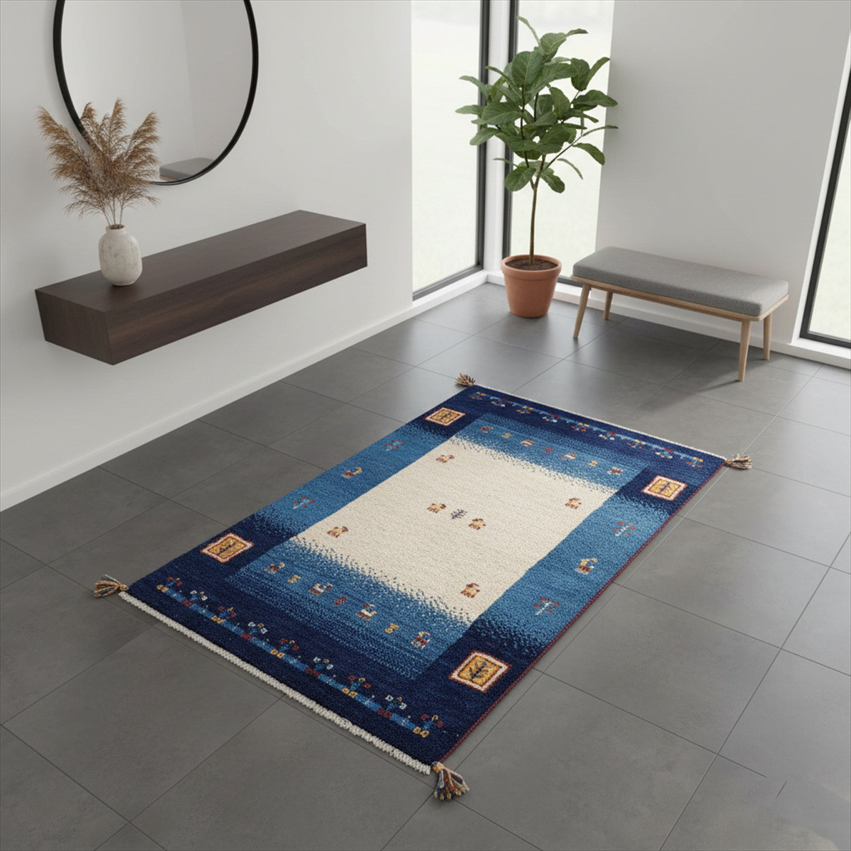 ペルシャ　ギャッベ　マット大　ラグ　125x80cm　アイボリー　藍色　青色　生命の木　ヤギ　羊　BT2952