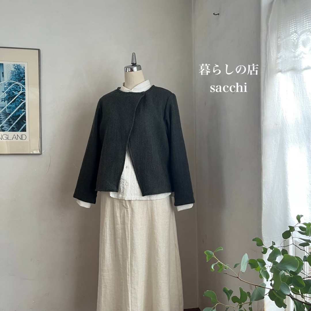 チコリジャケット　ウールmixガーゼヘリンボーン　グリーン×ネイビー　　＊暮らしの店sacchi＊