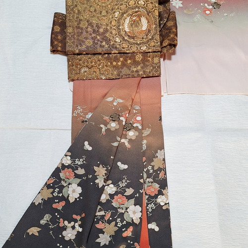 ワンタッチ着物 くらわん着物 正絹付け下げ訪問着リメイク 朱焦げ茶色